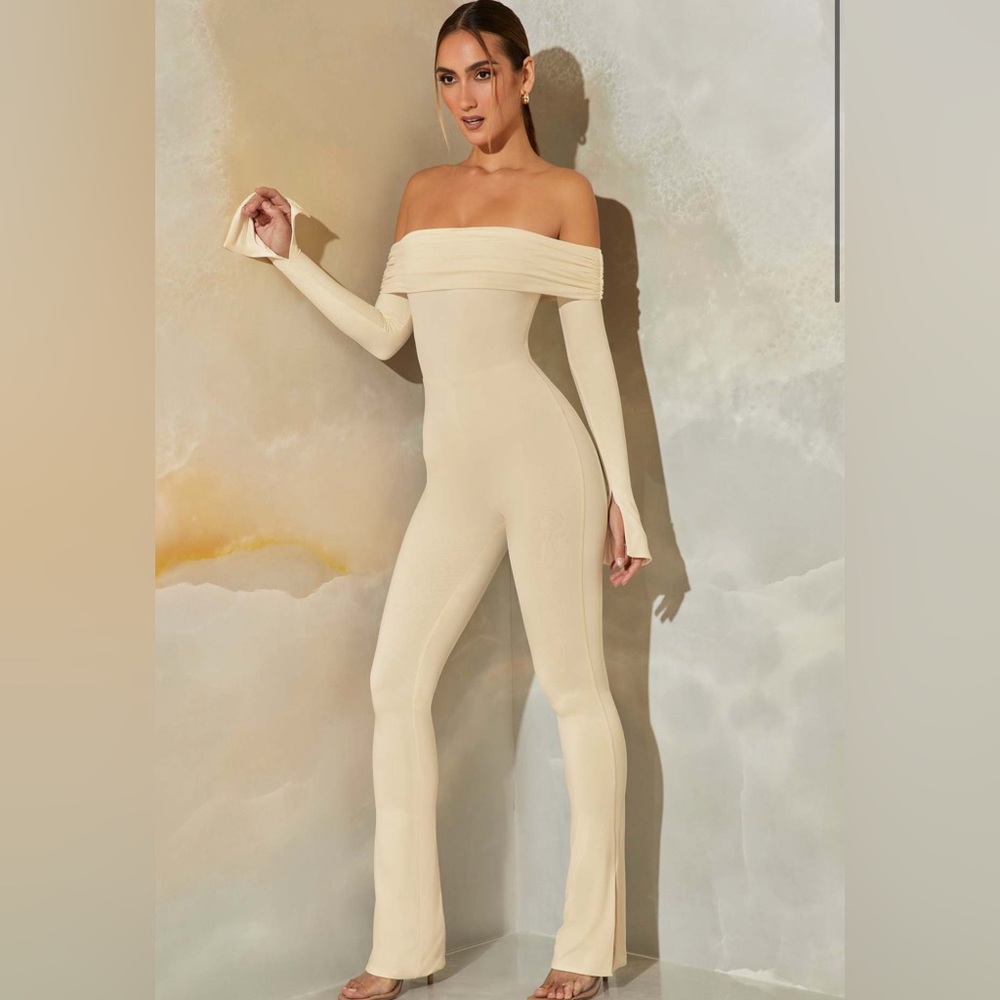 Oh Polly Long Sleeve Open Back Jumpsuit - Cream